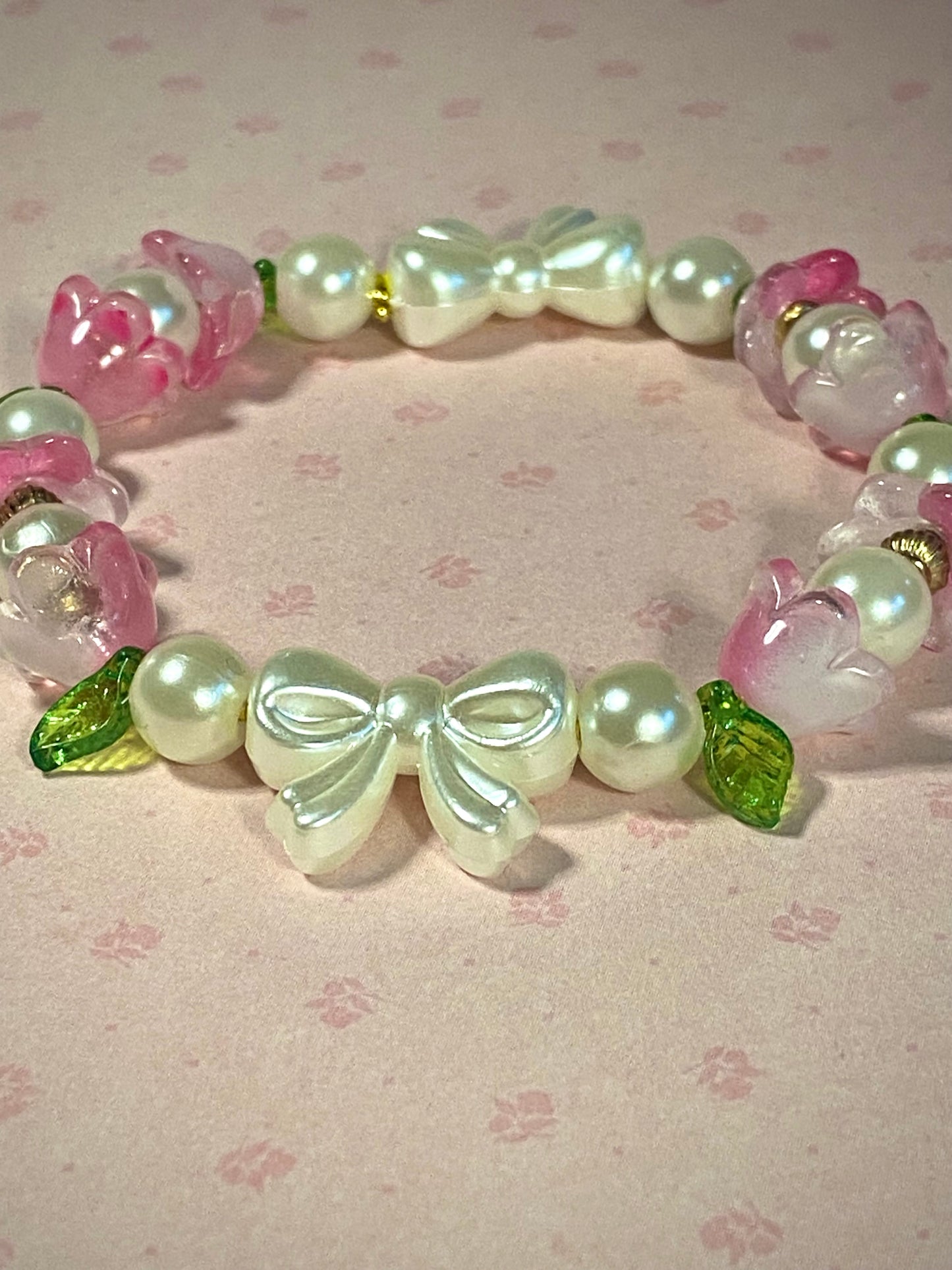 Pink Flowers and Pearls Bracelet