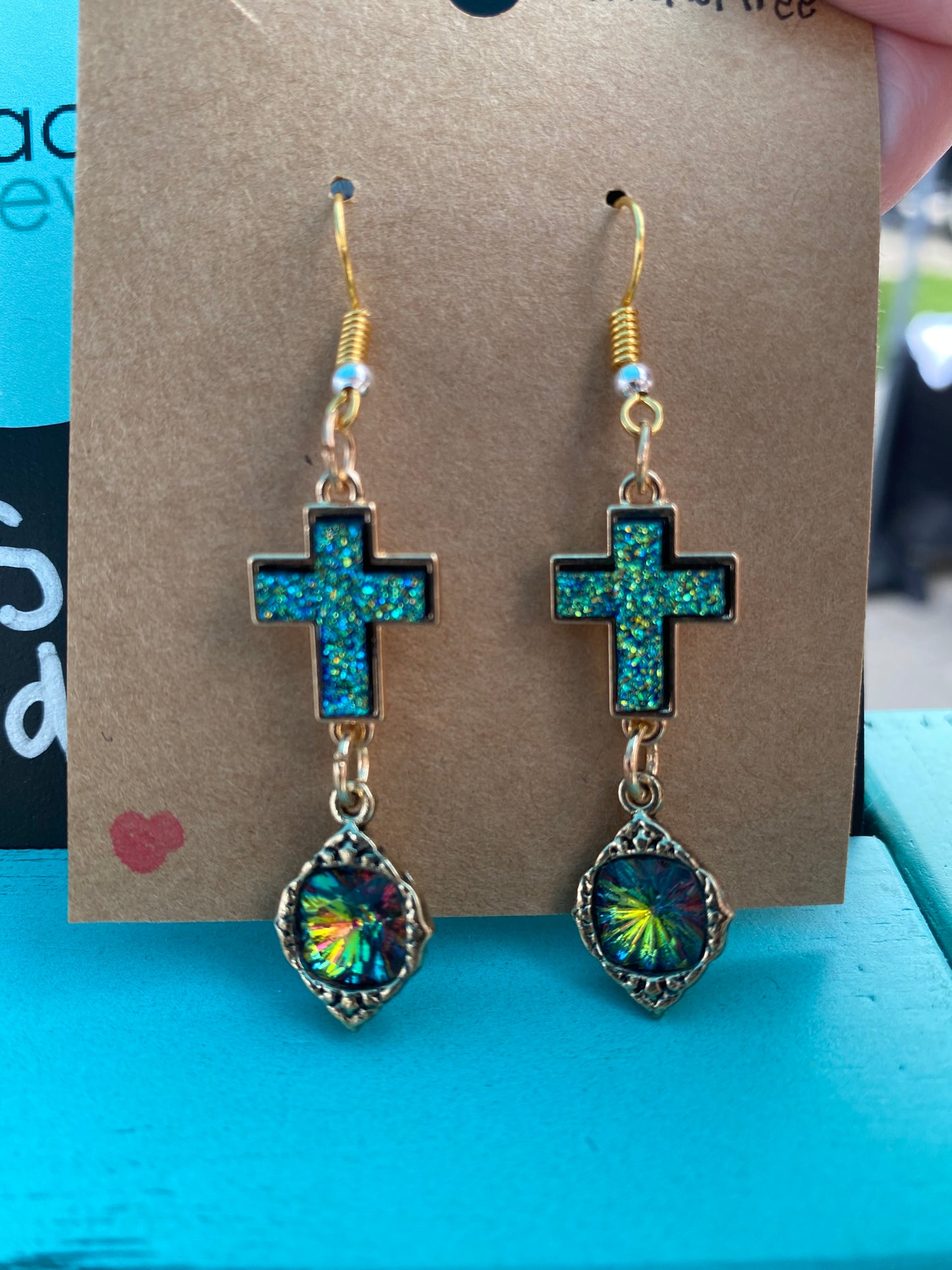 Iridescent Cross Earrings