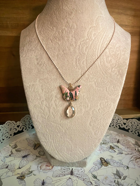 Pink Floral Butterfly Pendant Necklace