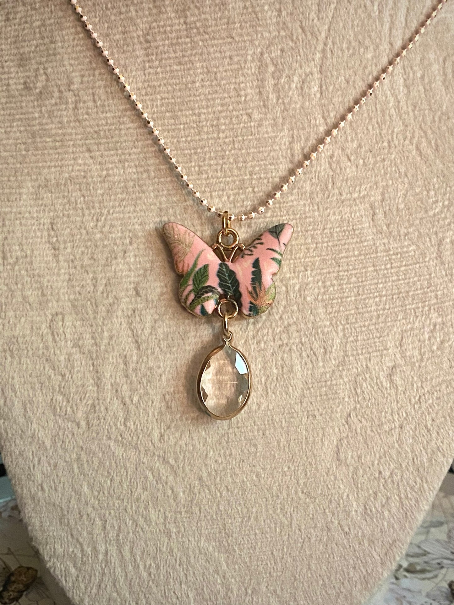 Pink Floral Butterfly Pendant Necklace