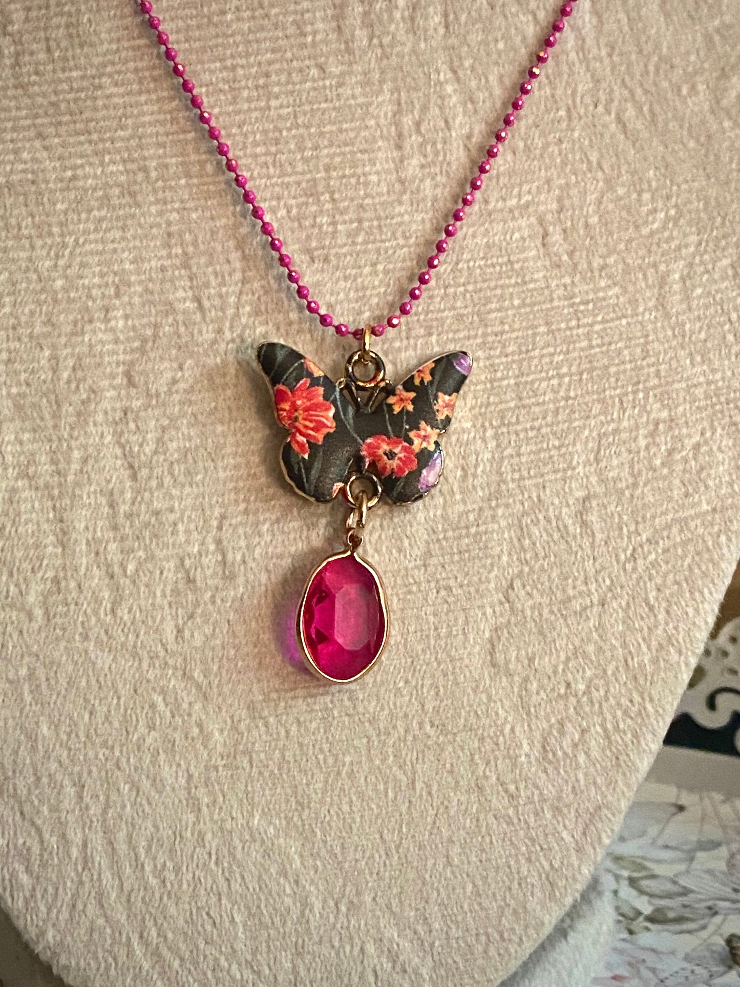 Dark Floral Butterfly Pink Gem Pendant Necklace