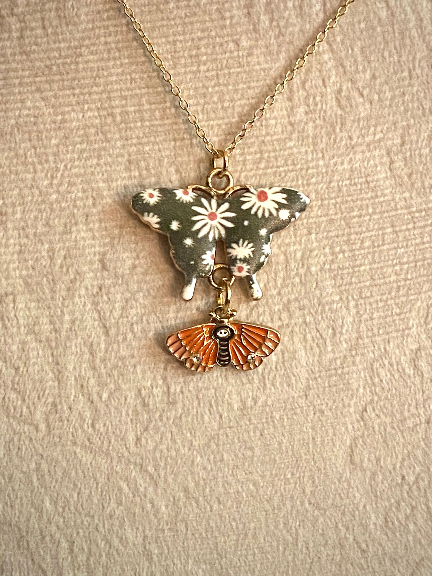 Green Floral and Orange Butterfly Pendant Necklace