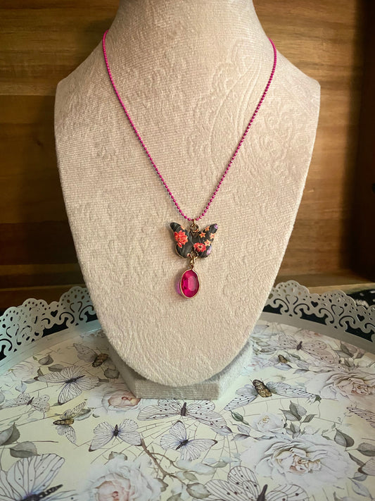 Dark Floral Butterfly Pink Gem Pendant Necklace