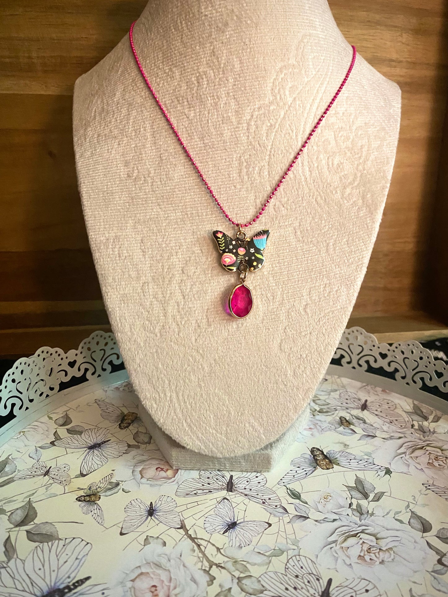 Dark Pink Floral Butterfly Pink Gem Pendant Necklace
