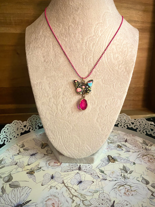 Dark Pink Floral Butterfly Pink Gem Pendant Necklace