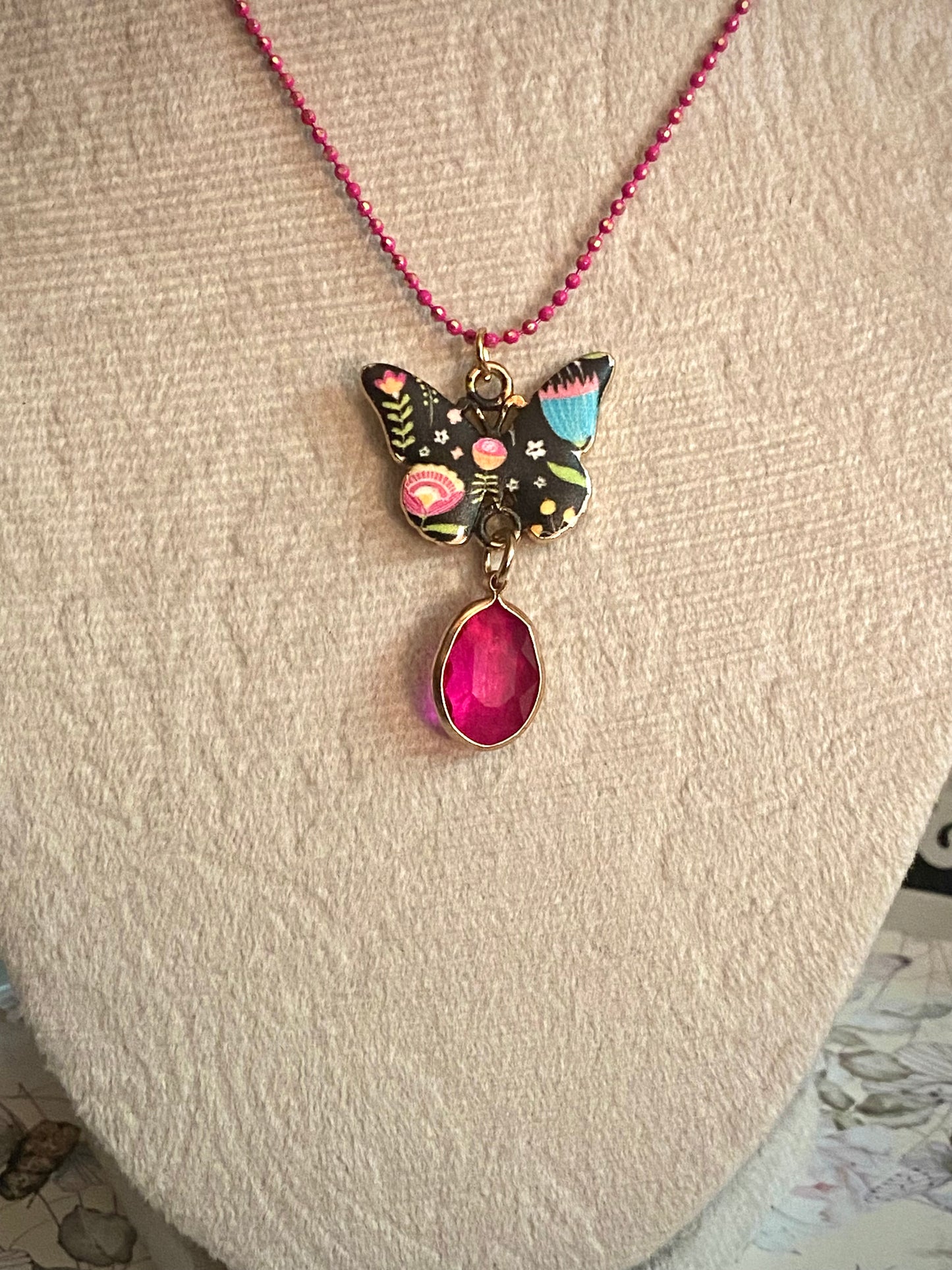 Dark Pink Floral Butterfly Pink Gem Pendant Necklace