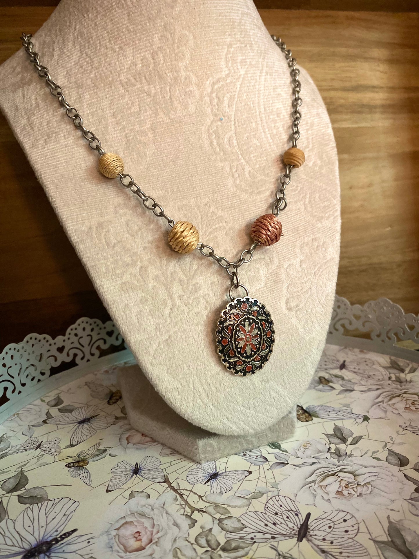 Vintage Pendant and Woven Beads Necklace