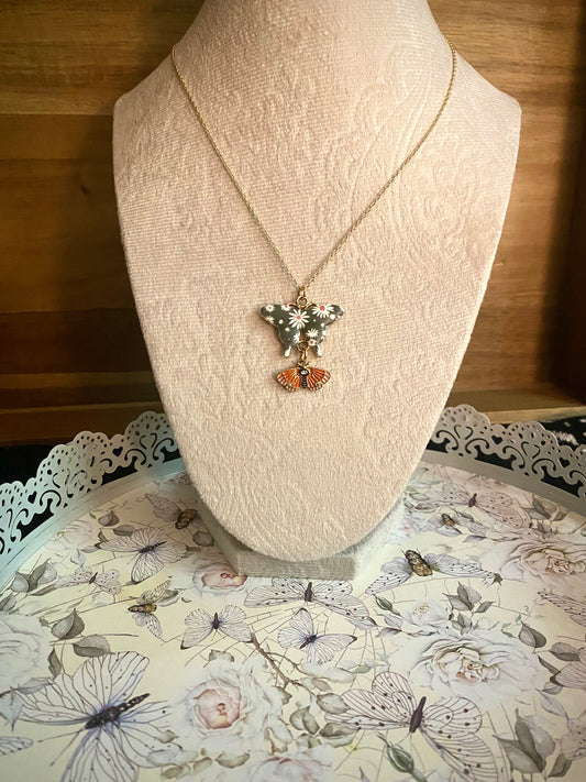 Green Floral and Orange Butterfly Pendant Necklace