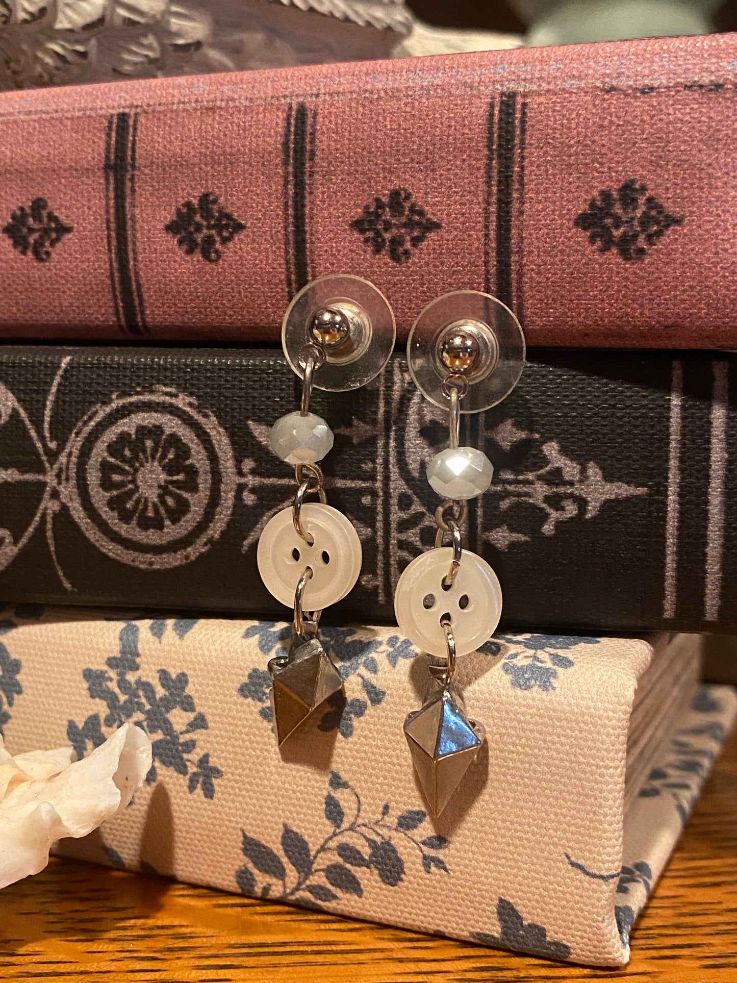 Silver and White Button Earrings