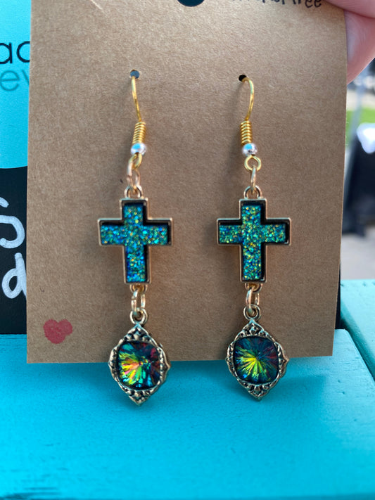 Iridescent Cross Earrings