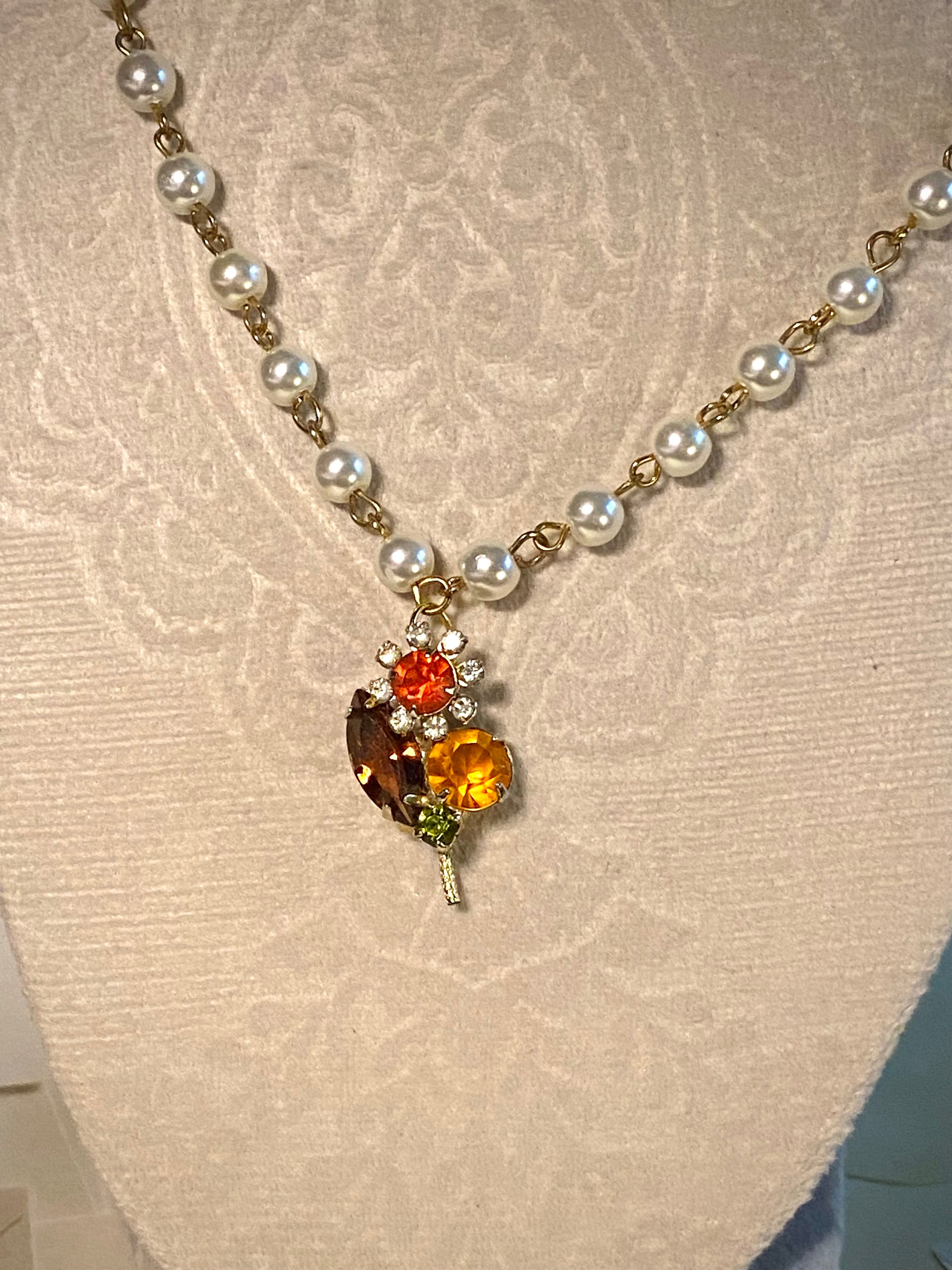 Pearl Choker with Fall Floral Pendant