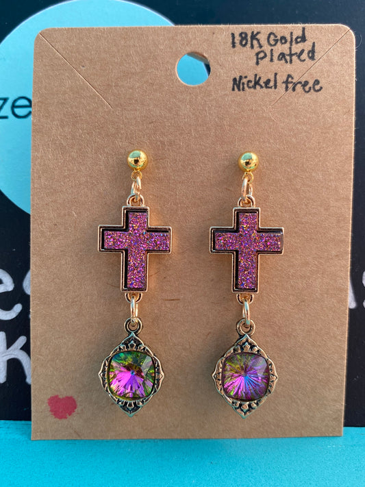 Iridescent Cross Earrings