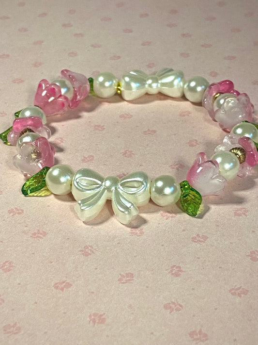 Pink Flowers and Pearls Bracelet