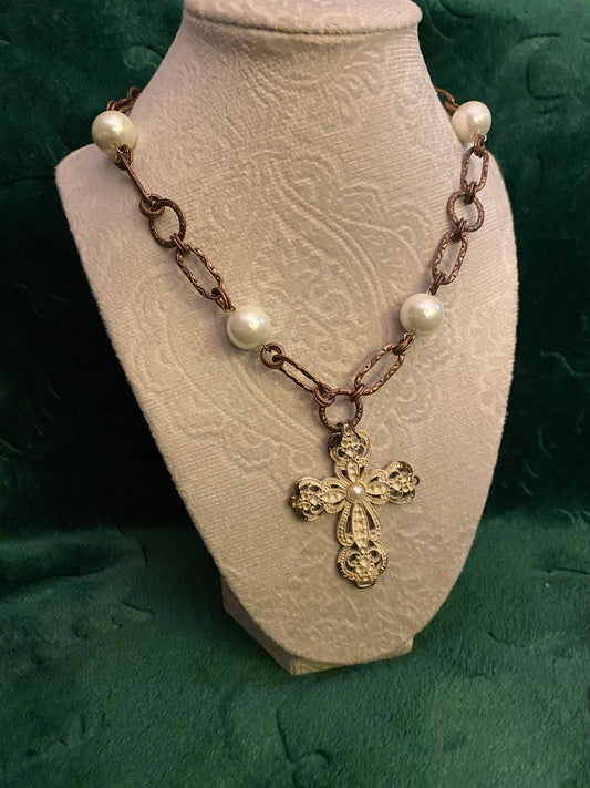 Pearl Metal Cross Necklace