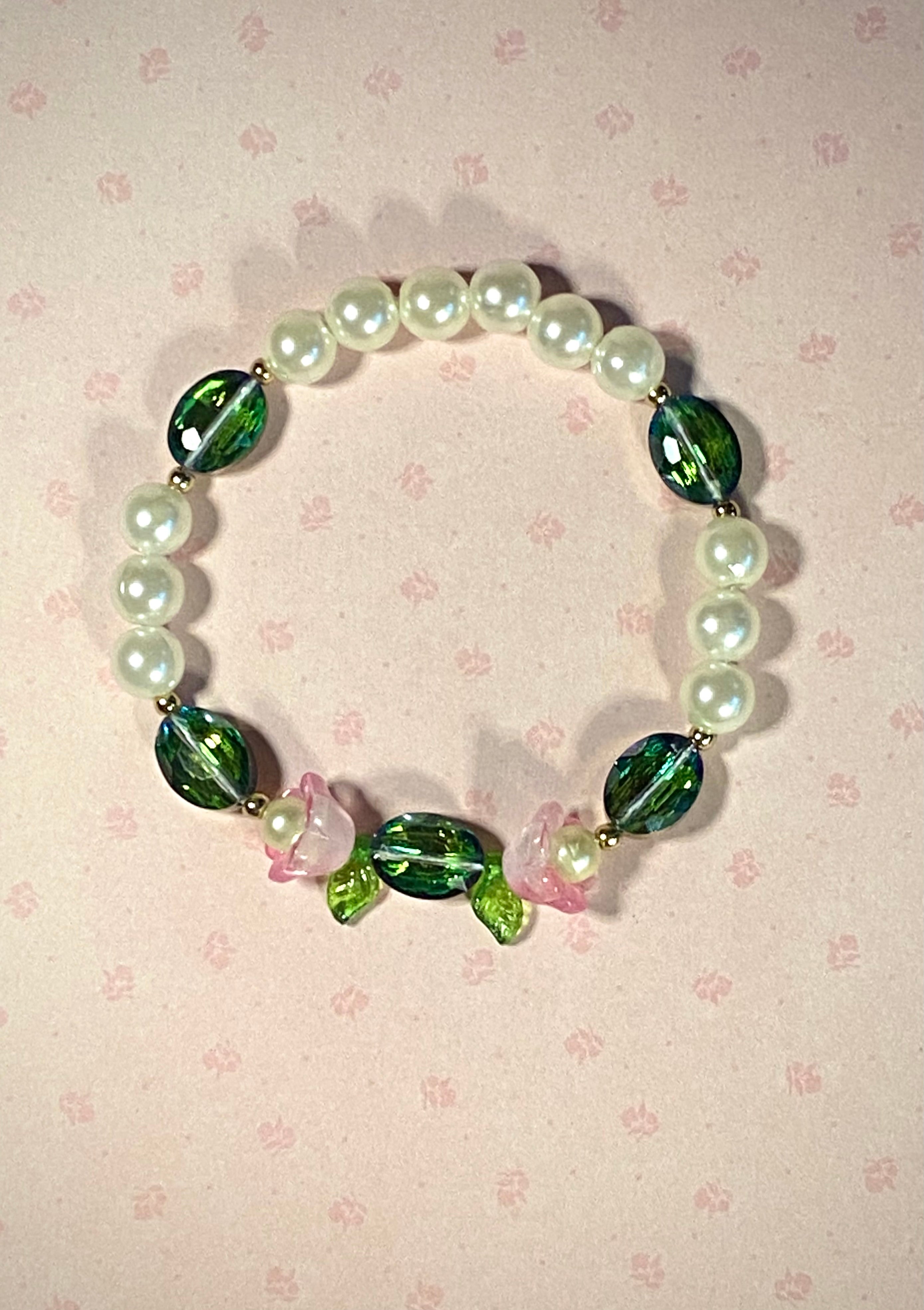 Pink, Green, and Pearls Bracelet